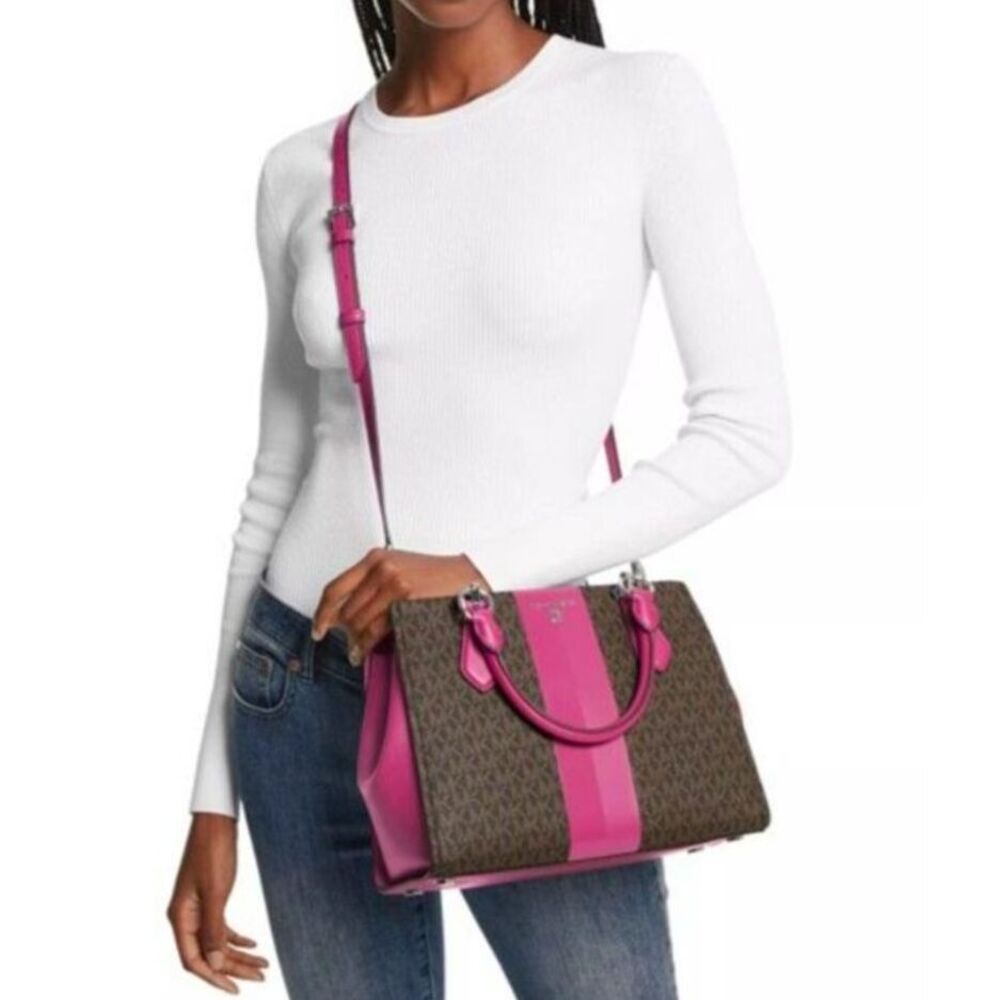 MICHAEL KORS Marilyn Med Satchel NWT Deep Fuchsia Stripe Logo Crossbody Handbag